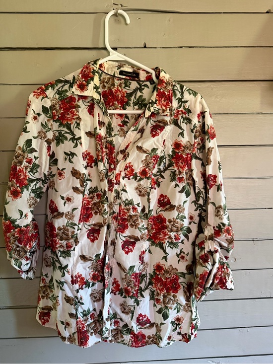 Massimo Dutti Tops - Massimo Dutti White Button-Down Shirt with Red & Green Floral Print
